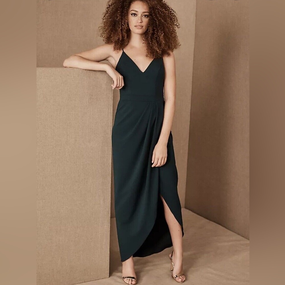 BHLDN Caron V Neck Crepe Dress in Dark Emerald